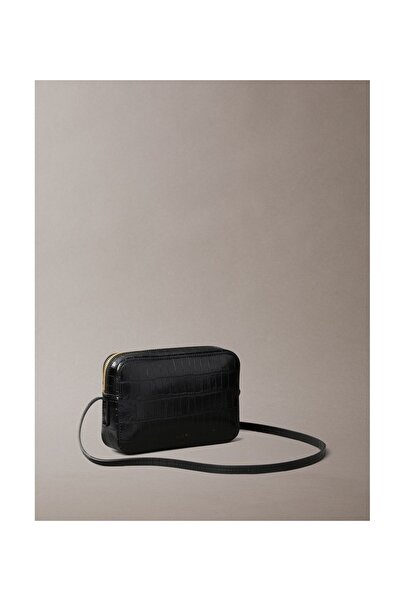 Calvin Klein Women's Crocodile Patterned Metal Emblem Camera Shoulder Bag - Black
