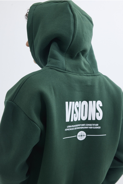 Tudors Unisex Oversize Geniş Kesim Pamuklu Yumuşak Dokulu Içi Polarlı Baskılı Yeşil Kapüşonlu Sweatshirt