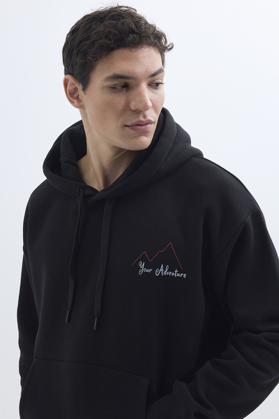 Tudors Unisex Φούτερ με φαρδιά κοπή από βαμβακερή μαλακή υφή με φλις εμπριμέ μαύρη κουκούλα