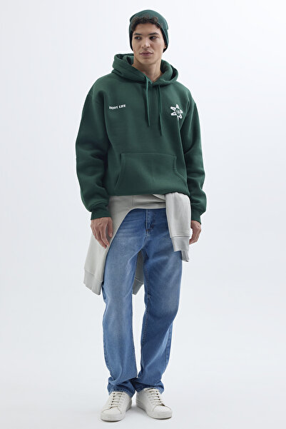 Tudors Unisex Oversize Geniş Kesim Pamuklu Yumuşak Dokulu Içi Polarlı Baskılı Yeşil Kapüşonlu Sweatshirt