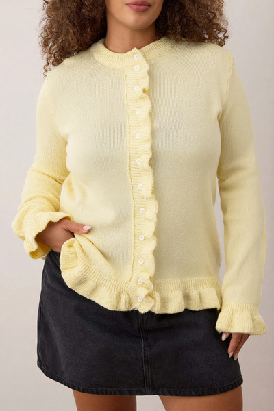 Trendyol Curve Κίτρινο κουμπί & λεπτομέρεια βολάν Πλεκτό πουλόβερ με απαλή υφή TBBAW26AV00031