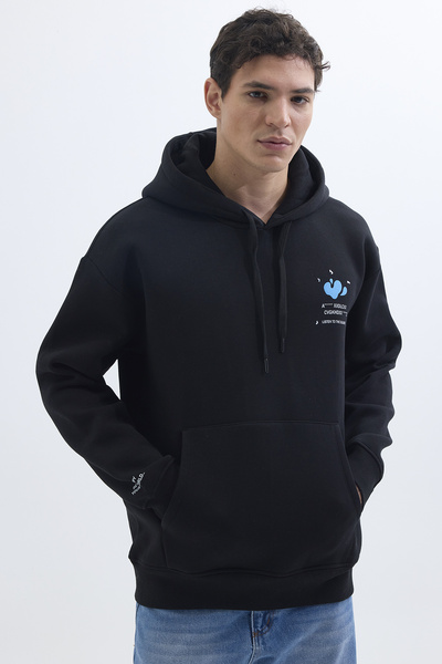 Tudors Unisex Oversize Geniş Kesim Pamuklu Yumuşak Dokulu İçi Polarlı Baskılı Siyah Kapüşonlu Sweatshirt