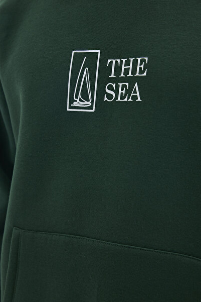 Tudors Unisex Oversize Geniş Kesim Pamuklu Yumuşak Dokulu Içi Polarlı Baskılı Yeşil Kapüşonlu Sweatshirt