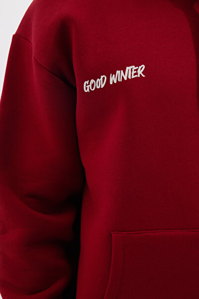 Tudors Φούτερ με κουκούλα Unisex Oversize, βαμβακερή μαλακή υφή, εμπριμέ Claret Red Hooded φούτερ