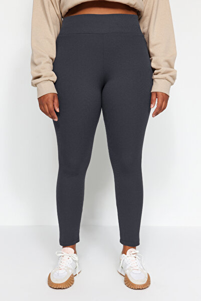 Trendyol Curve Anthracite High Waist Fleece Lined Ribbed Knitted Plus Size Leggings Tbbaw23Bv00017