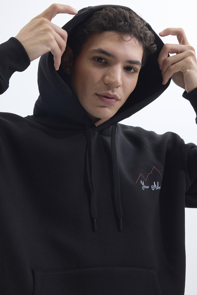 Tudors Unisex Φούτερ με φαρδιά κοπή από βαμβακερή μαλακή υφή με φλις εμπριμέ μαύρη κουκούλα