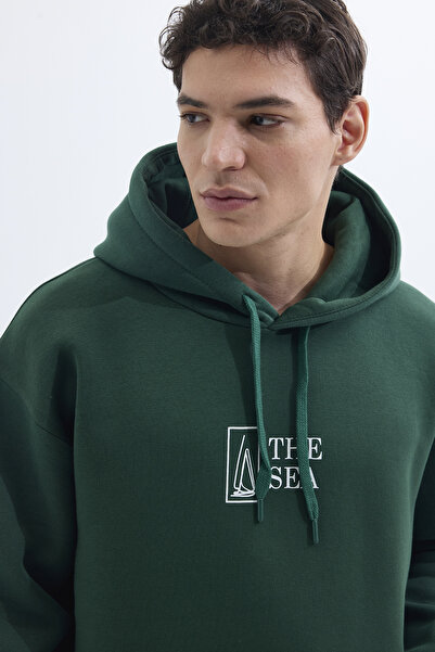 Tudors Unisex Oversize Geniş Kesim Pamuklu Yumuşak Dokulu Içi Polarlı Baskılı Yeşil Kapüşonlu Sweatshirt