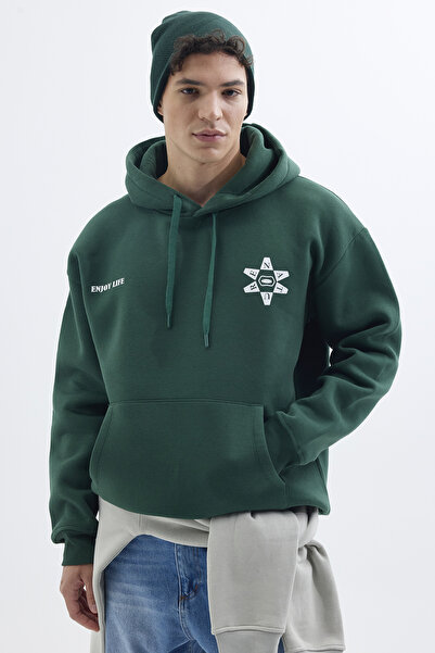 Tudors Unisex Oversize Geniş Kesim Pamuklu Yumuşak Dokulu Içi Polarlı Baskılı Yeşil Kapüşonlu Sweatshirt