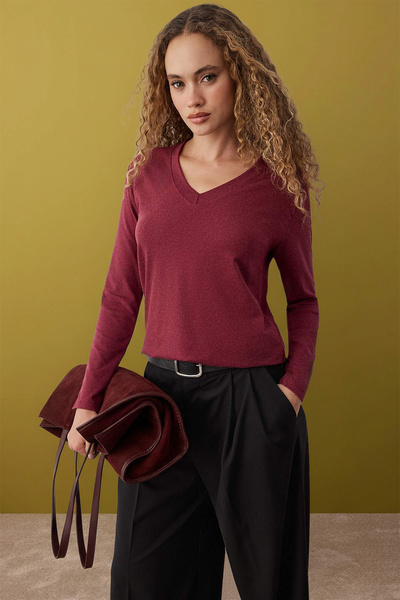 Trendyol Collection Plum V-Neck Draped Stretchy Knitted Blouse Twoaw26Bz00139