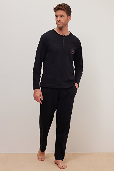 Tudors Men's Standard Fit 100% Cotton Crew Neck Elastic Waist Black Pajama Set