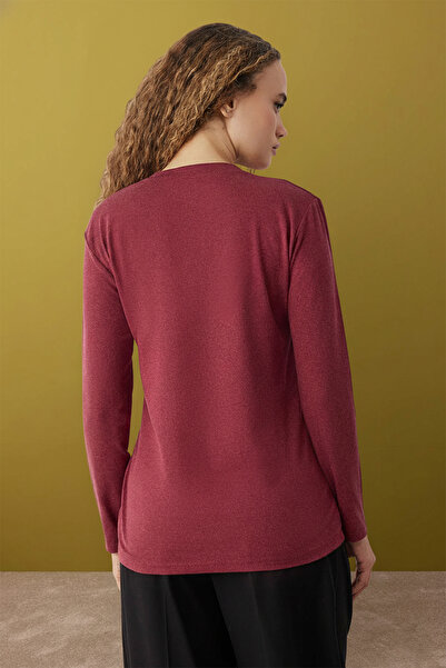 Trendyol Collection Plum V-Neck Draped Stretchy Knitted Blouse Twoaw26Bz00139