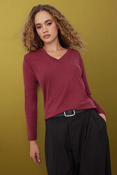 Trendyol Collection Plum V-Neck Draped Stretchy Knitted Blouse Twoaw26Bz00139