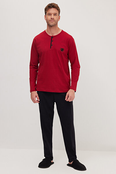 Tudors Men's Standard Fit Regular Cut 100% Cotton Crew Neck Elastic Waist Black Pajama Set