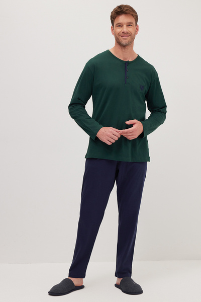 Tudors Men's Standard Fit Regular Cut 100% Cotton Crew Neck Elastic Waist Navy Blue Pajama Set