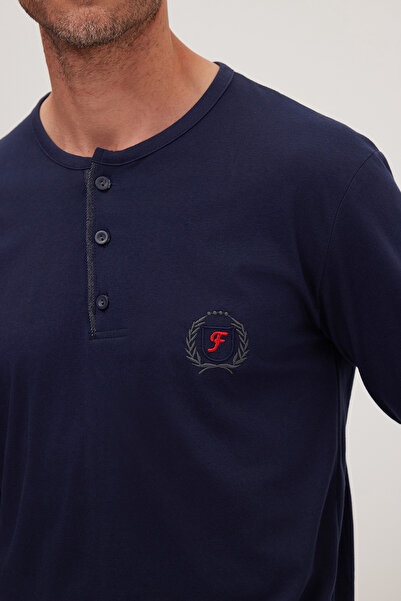 Tudors Men's Standard Fit 100% Cotton Crew Neck Elastic Waist Navy Blue Pajama Set