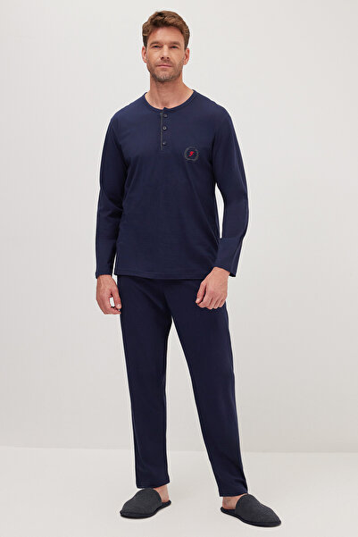 Tudors Men's Standard Fit 100% Cotton Crew Neck Elastic Waist Navy Blue Pajama Set