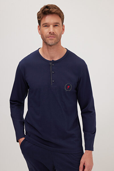 Tudors Чоловічий стандартний крій, 100% бавовна, комір-стійка, еластичний пояс, темно-синій піжамний комплект