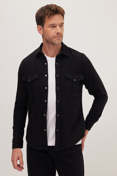 Tudors Slim Fit Uzun Kollu Kışlık Oduncu Çift Cep Kapaklı Düz Erkek Siyah Gömlek