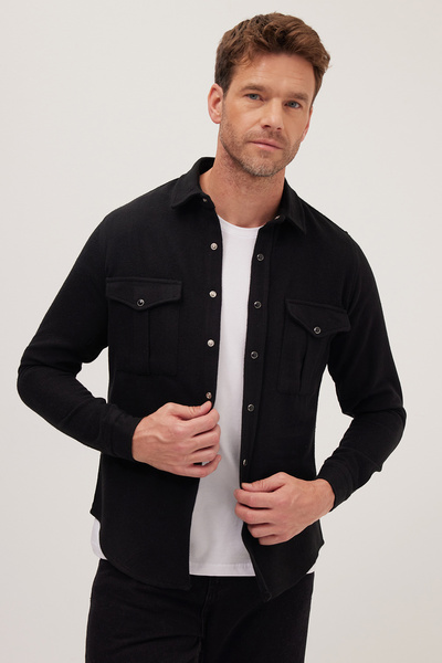 Tudors Slim Fit Uzun Kollu Kışlık Oduncu Çift Cep Kapaklı Düz Erkek Siyah Gömlek
