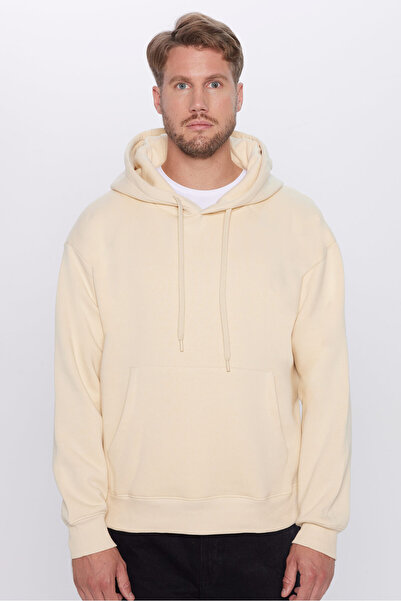 Tudors Unisex Oversize Geniş Kesim Pamuklu Yumuşak Dokulu İçi Polarlı Basic Bej Kapüşonlu Sweatshirt