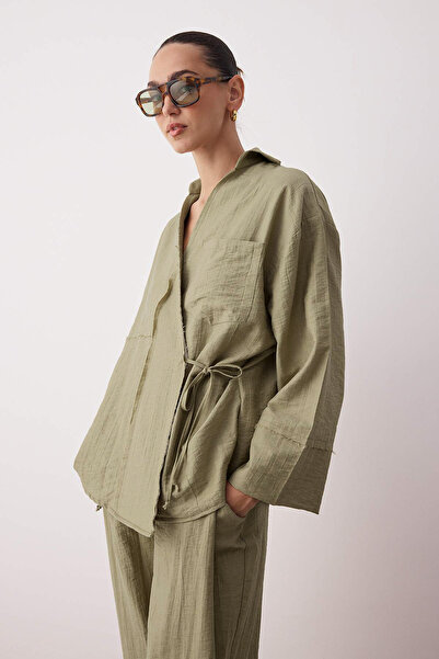 Trendyol Collection Khaki Double Breasted Kimono Pants Woven Bottom - Top Set Twoaw26Au00067