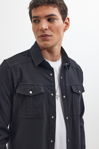 Tudors Slim Fit Uzun Kollu Spor Yaka Yıkamalı Çift Cepli Armürlü Denim Kot Siyah Erkek Gömlek