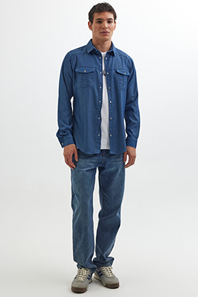 Tudors Slim Fit Uzun Kollu Spor Yaka Yıkamalı Çift Cepli Armürlü Denim Kot Indigo Erkek Gömlek