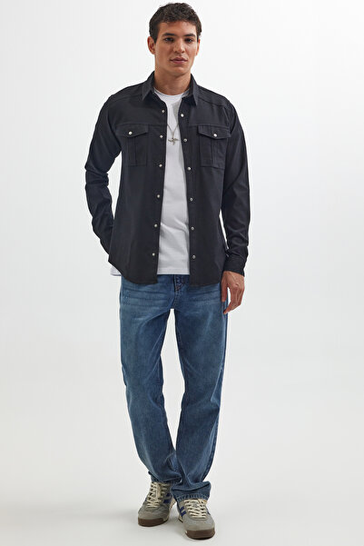 Tudors Slim Fit Uzun Kollu Spor Yaka Yıkamalı Çift Cepli Armürlü Denim Kot Siyah Erkek Gömlek
