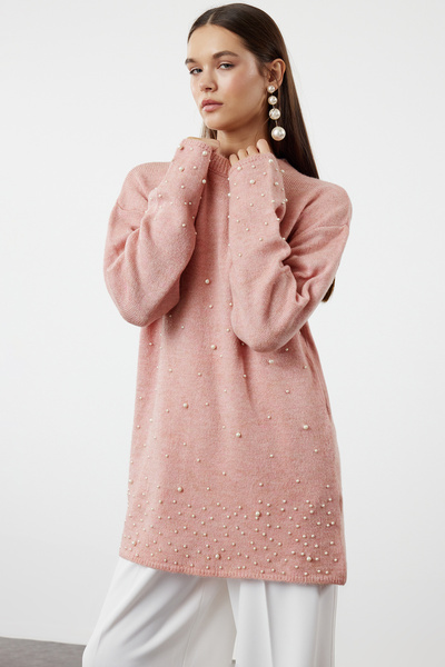 Trendyol Modest Pearl részletes szárított rózsa kötött pulóver - TCTAW25AK00018