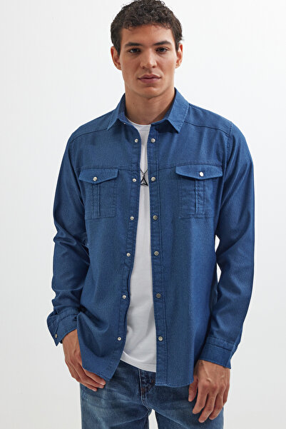 Tudors Slim Fit Uzun Kollu Spor Yaka Yıkamalı Çift Cepli Armürlü Denim Kot Indigo Erkek Gömlek
