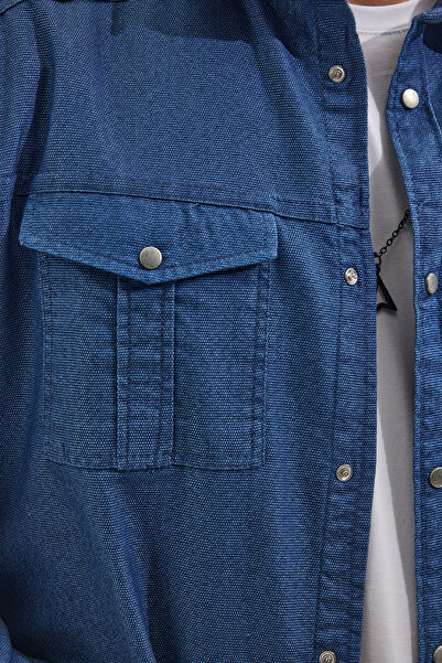 Tudors Slim Fit Uzun Kollu Spor Yaka Yıkamalı Çift Cepli Armürlü Denim Kot Indigo Erkek Gömlek