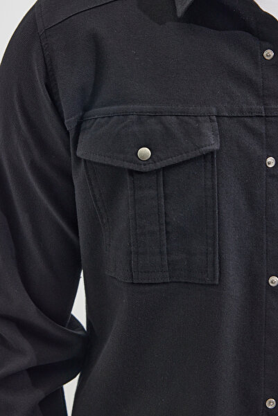 Tudors Slim Fit Uzun Kollu Spor Yaka Yıkamalı Çift Cepli Armürlü Denim Kot Siyah Erkek Gömlek