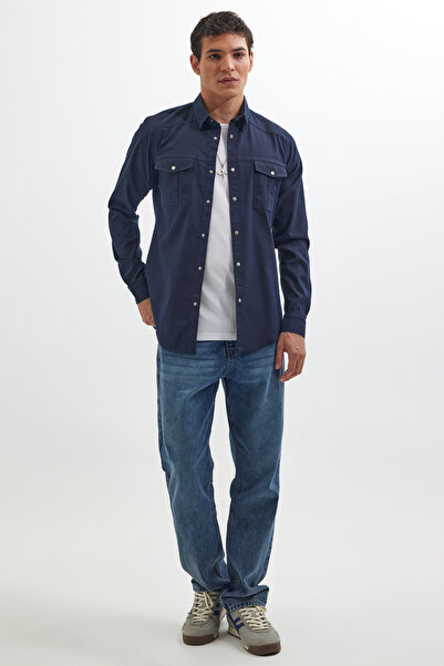 Tudors Чоловічий тонкий спортивний комір з довгим рукавом з подвійною кишенею Armurlu Джинсові джинси темно-синього кольору Сорочка