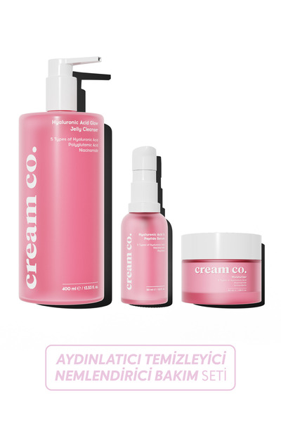 Cream Co. Canlandırıcı Temizleyici Aydınlatıcı Nemlendirici Set (Hyaluronic Acid + Peptide + Niacinamide)