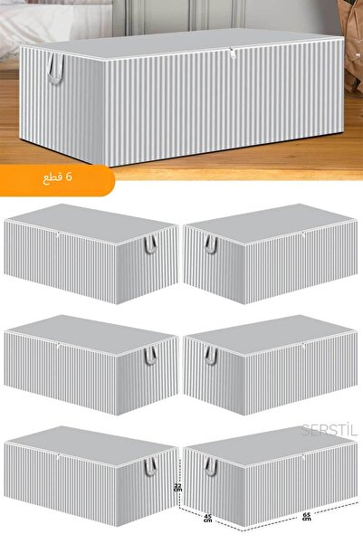 Serstil 6 Pieces - Anthracite Striped Large Size Bed Base and Sofa Bed Type Storage Bag 65 x 45 x 22 cm