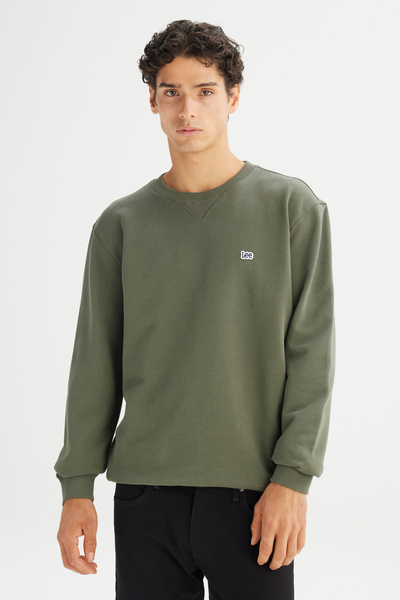 Lee Regular Fit Normal Kesim %100 Pamuk Bisiklet Yaka Erkek İçi Polarlı Haki Sweatshirt