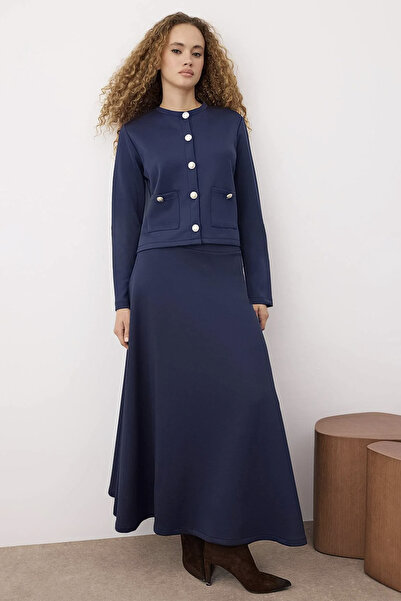 Trendyol Modest Navy Blue Diving/Scuba Fabric Button Detailed Knitted Bottom - Top Set Tctaw26Us00038