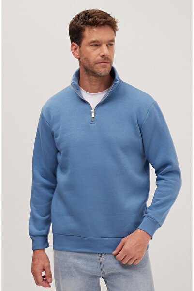 Tudors Φούτερ Unisex Relax Fit Άνετο Κομμένο Βαμβακερό Φλις με μισό φερμουάρ, μπλε βενζίνης, όρθιο γιακά