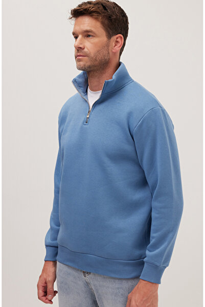 Tudors Φούτερ Unisex Relax Fit Άνετο Κομμένο Βαμβακερό Φλις με μισό φερμουάρ, μπλε βενζίνης, όρθιο γιακά