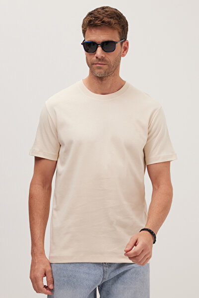 Tudors Unisex Relax Fit Άνετη εφαρμογή 100% βαμβακερή μαλακή υφή Ελαφρύ χοντρό μπεζ μπλουζάκι με λαιμόκοψη