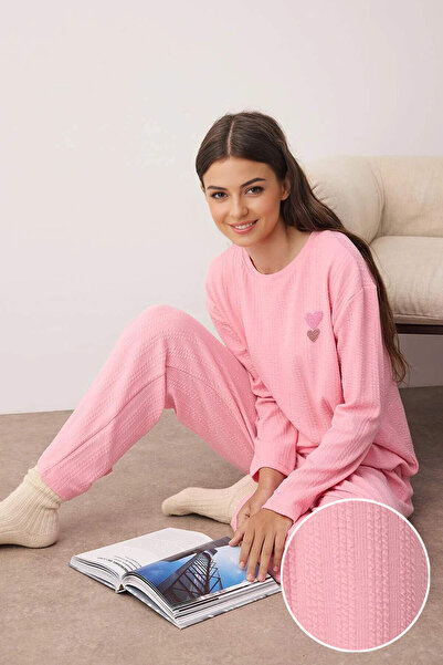 Trendyol Collection Pink Heart Embroidered Rib Soft Tuuse Winter Knitted Pajamas Set Thmaw26Pt00094