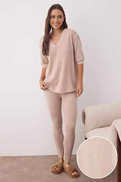 Trendyol Collection Beige Soft V-Neck Warm Knitted Pajama Set with Leggings Thmaw26Pt00036