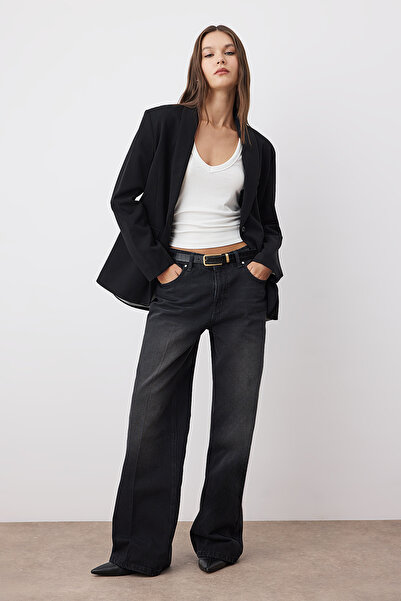 Trendyol Collection Black Striped Lined Regular/Normal Fit Woven Blazer Jacket Twoaw26Bc00043