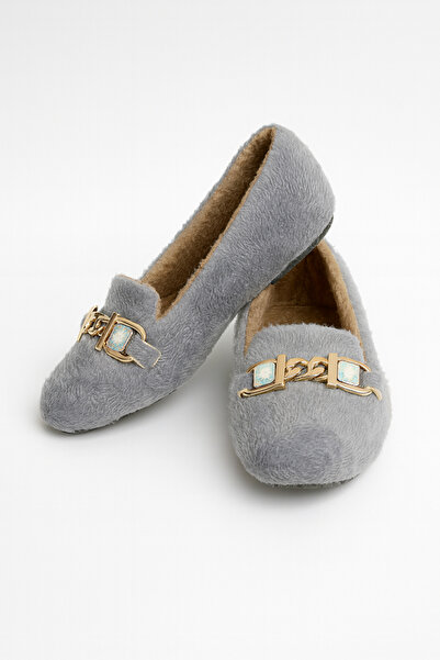 Beyond Kadın Gri Taş Aksesuarlı Peluş Ev Babeti BYNDVT02