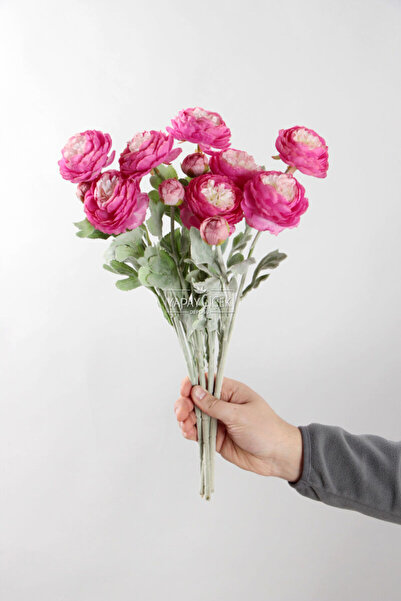 Yapay Çiçek Deposu Yapay Çiçek 3lü Şakayık Ranunculus Dalı 50 cm Fuşya