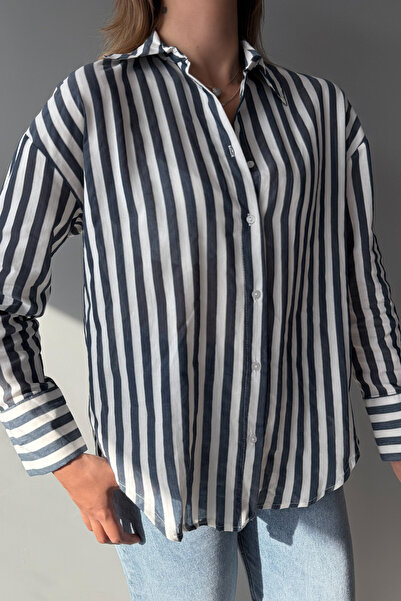 Trendyol Collection Navy Blue Beige Striped Oversize Thin Fabric Shirt Twoaw26Go00093