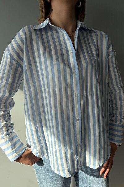 Trendyol Collection Blue Beige Striped Oversize Thin Fabric Shirt Twoaw26Go00093