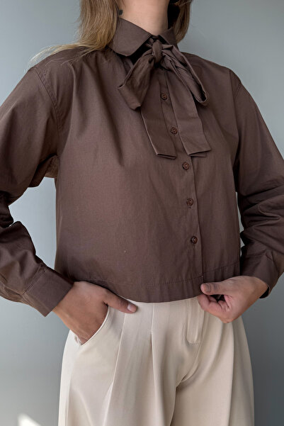 Trendyol Collection Brown Boho Scarf Detailed Lightweight Crop Woven Shirt Twoaw26Go00119