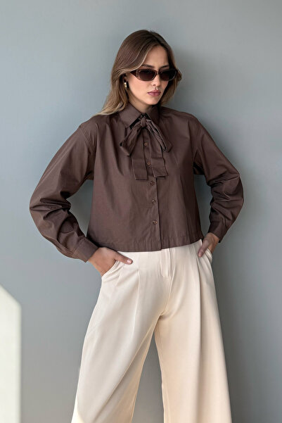 Trendyol Collection Brown Boho Scarf Detailed Lightweight Crop Woven Shirt Twoaw26Go00119