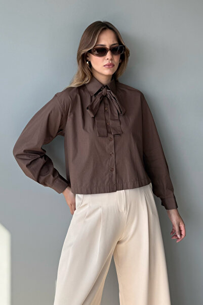 Trendyol Collection Brown Boho Scarf Detailed Lightweight Crop Woven Shirt Twoaw26Go00119